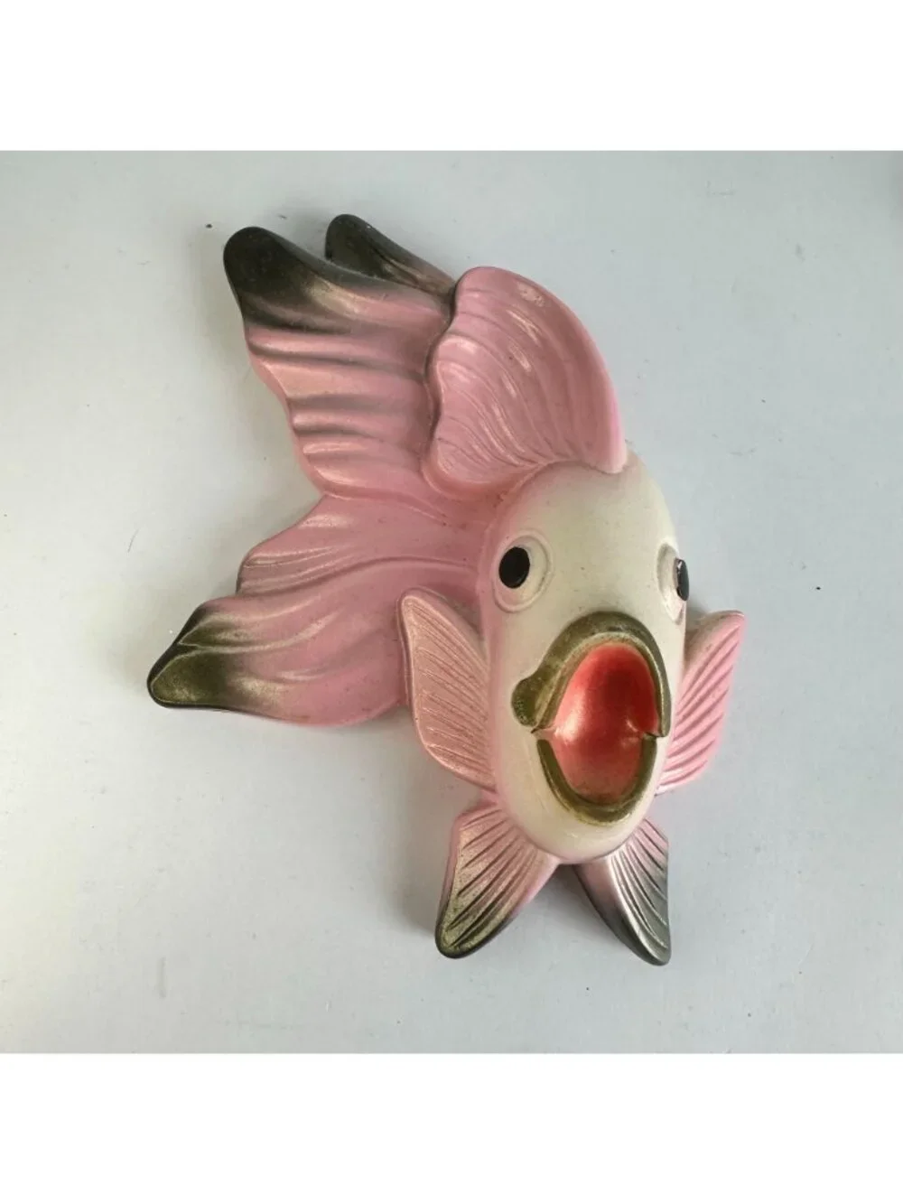 Vintage MCM Pink & Green Plaster Wall Decor Tropical Fish & Bubbles